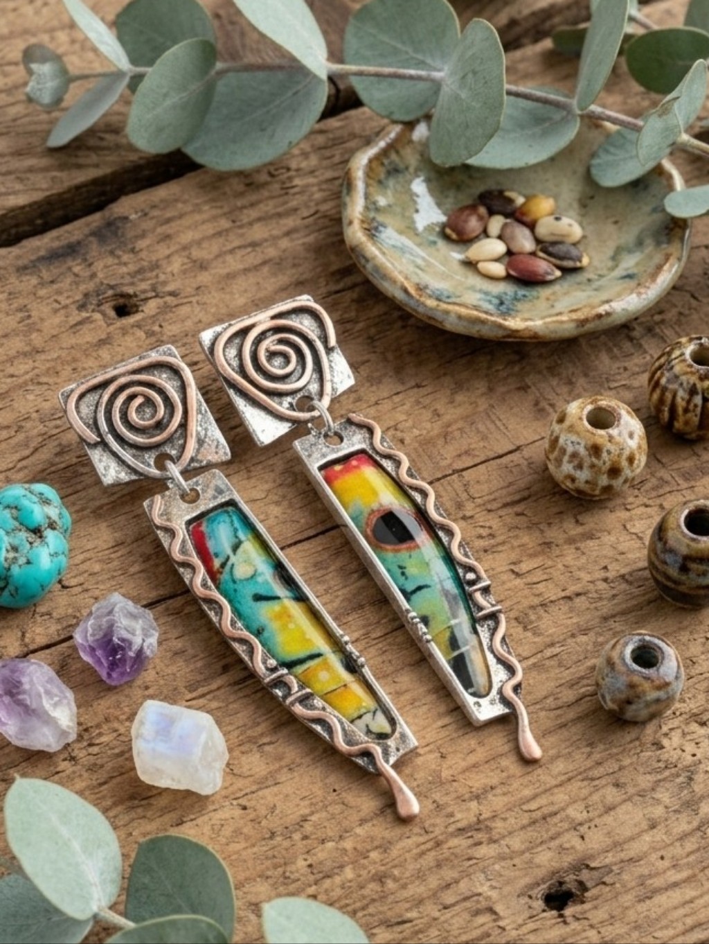 Artisan Spiral Drop Earrings Silver Copper Tone Resin Art Boho Statement 2.2"